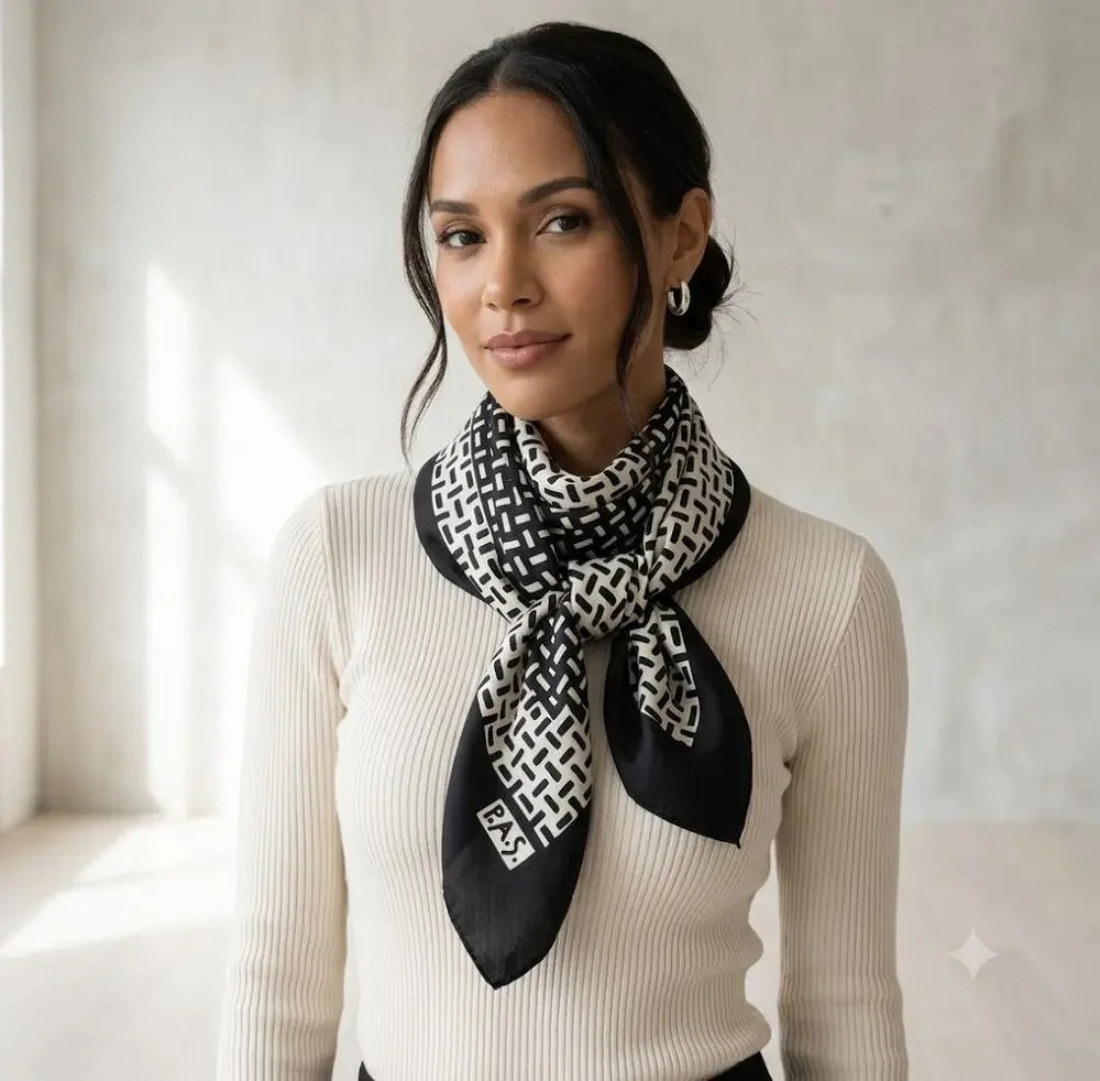 P.A.S. Silk Scarf 30” Square Black Ivory Geometric Print Satin Neck Scarf